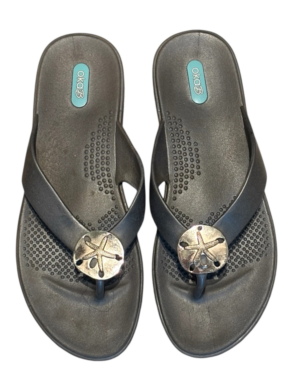 Okabashi Oka B Gray Flip Flop Sandals Silver Sand Dollar Detail Large *READ*